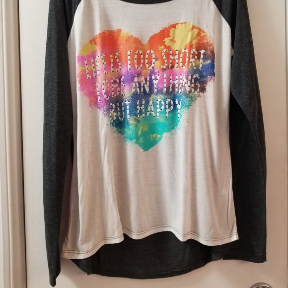 Life is to short to be anything but happy studded heart long sleeve scoop neck - Picture 2 of 7